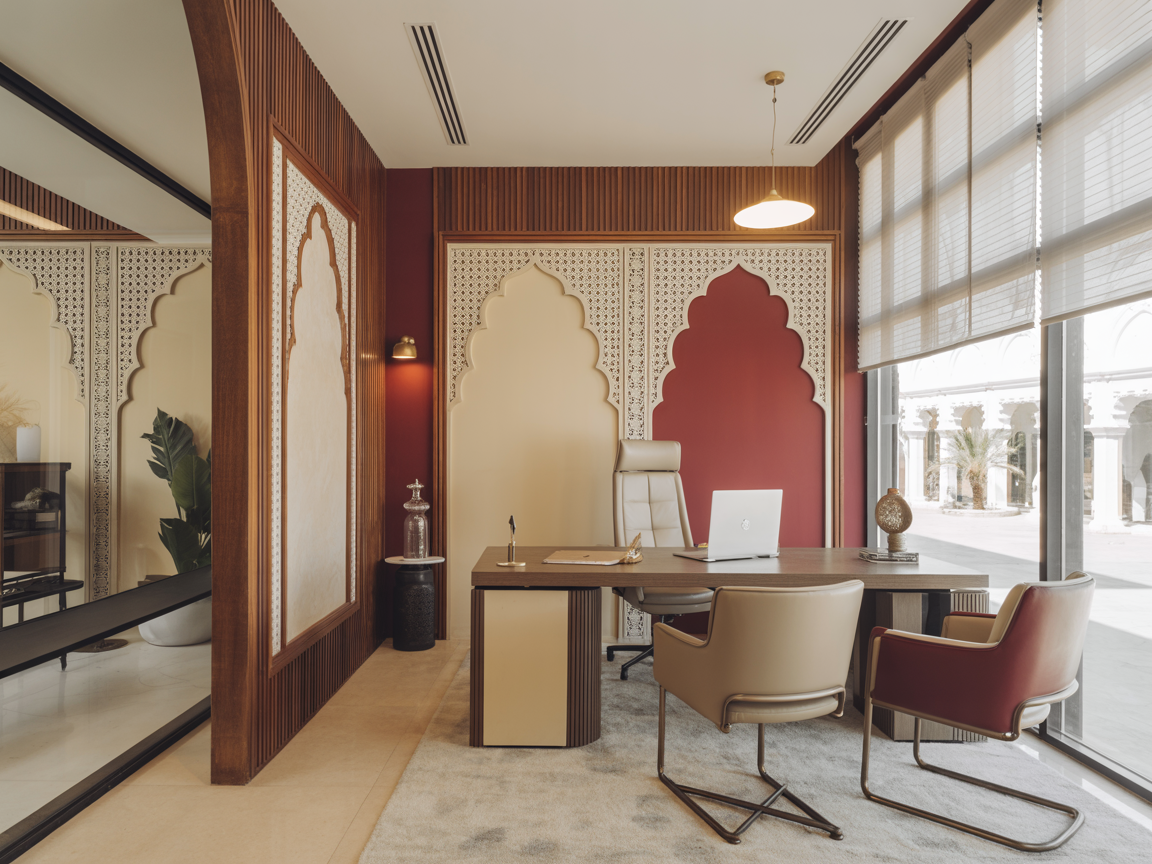 Elegant modern office interior with Moroccan design accents